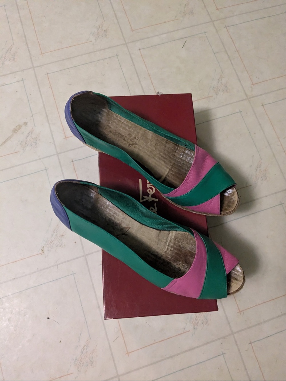 Colorblock Pink and Green Peep-Toe Wedges